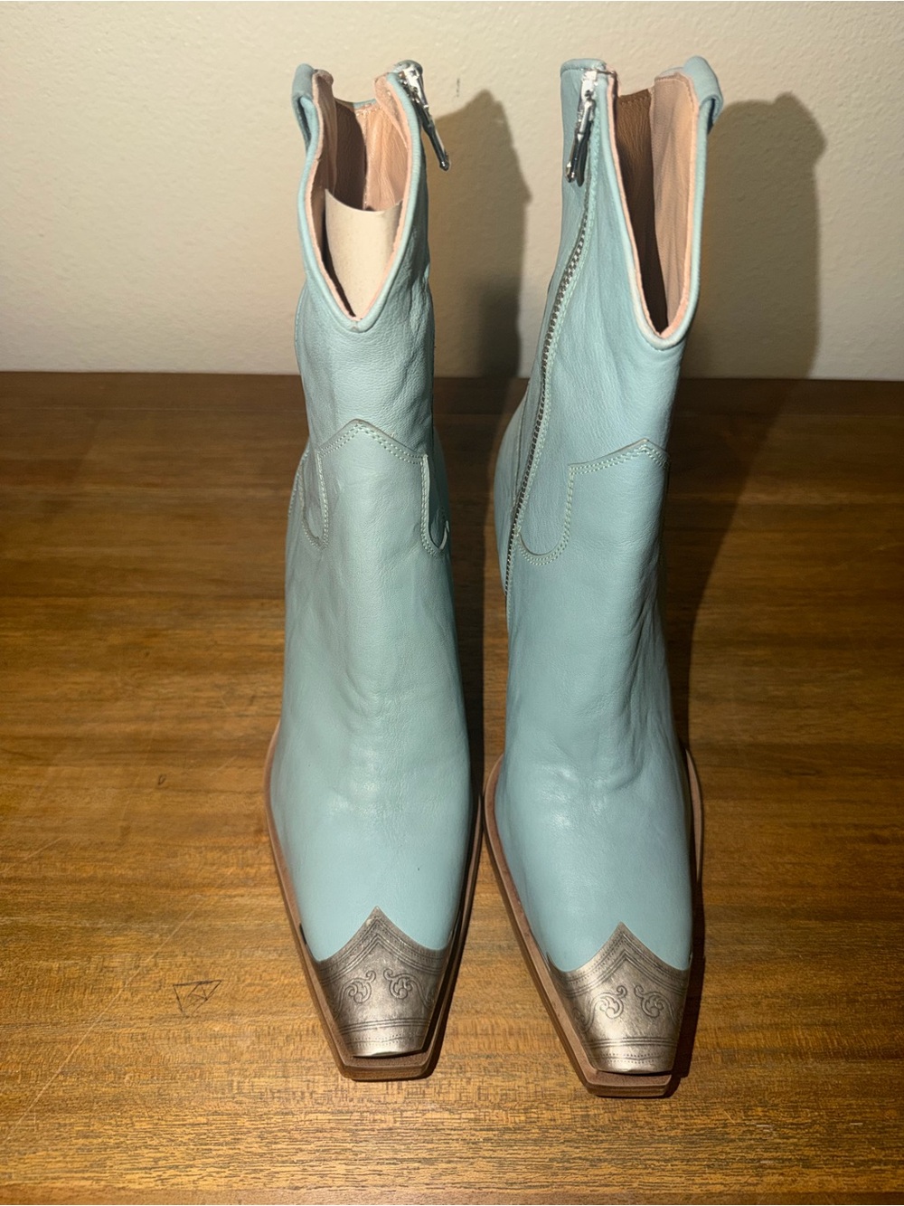 Free People Pale Blue Leather Western Zip Ankle Boots with Metallic Toe